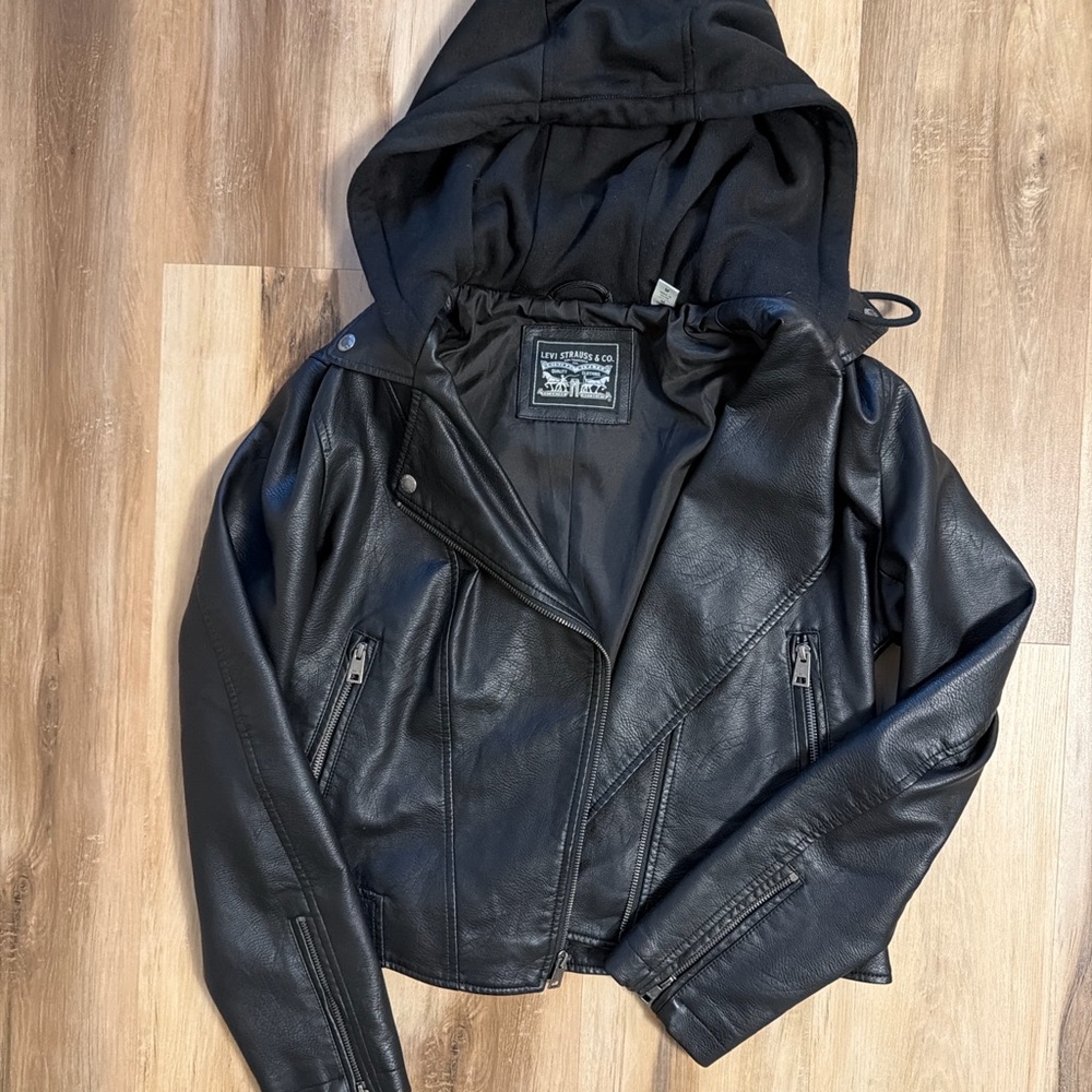 Levi’s Black Faux Leather Moto Jacket w/ Removable Hood – Size M